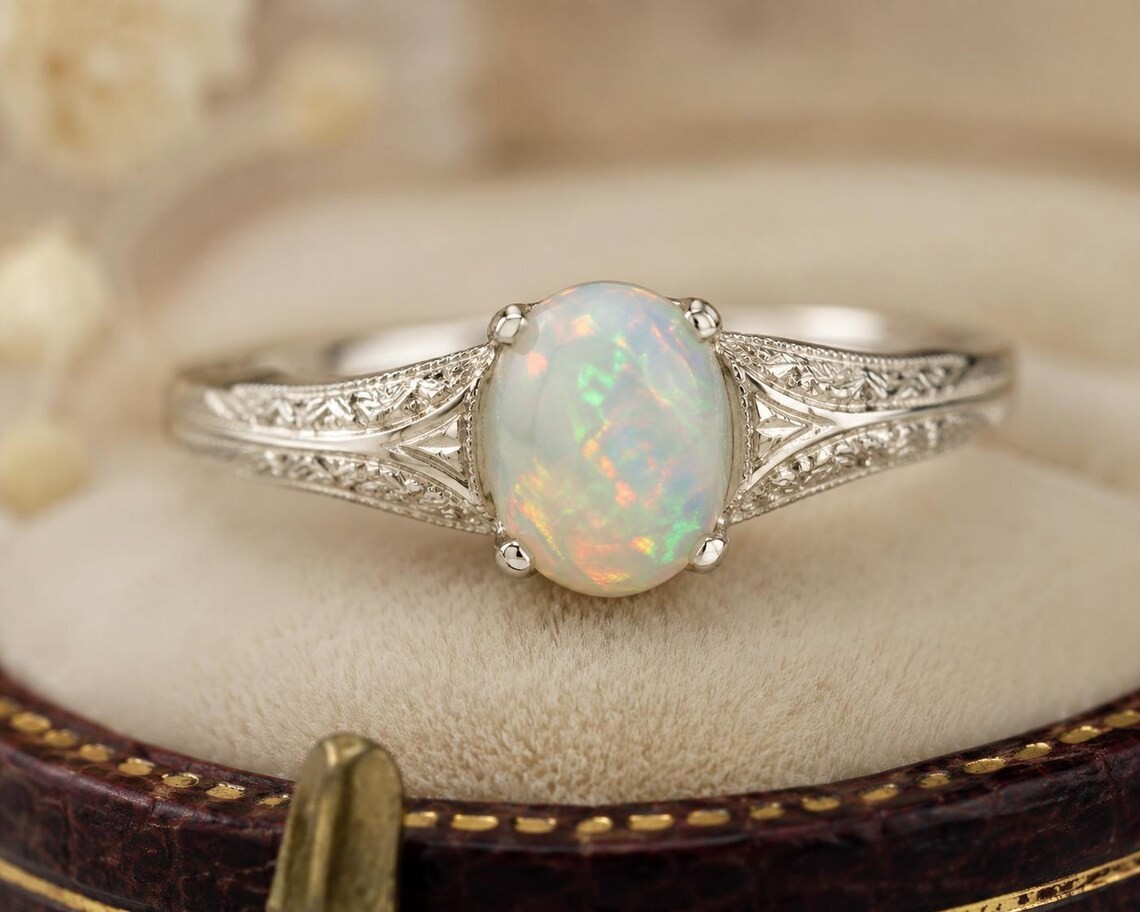 Natural Ethiopian Opal Ring Vintage Engraved Ring 925 Sterling Silver Oval Opal