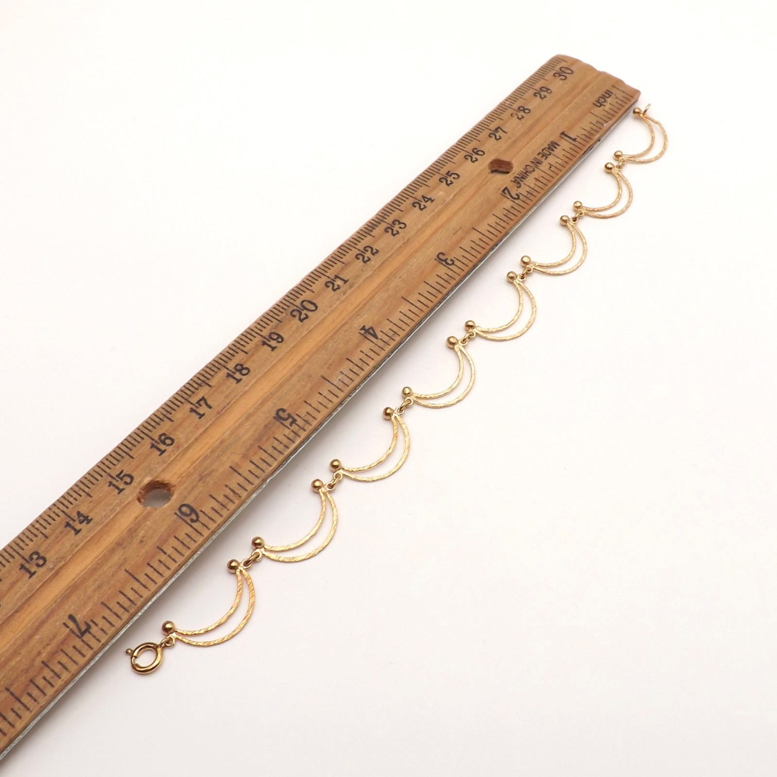 Solid 14k Yellow Gold Crescent Moon Scalloped Bracelet U Shape 7in Vintage