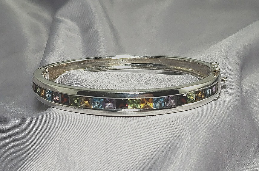 STERLING SILVER HINGED Bangle BRACELET MULTI-COLOR GEMSTONES Size 7″