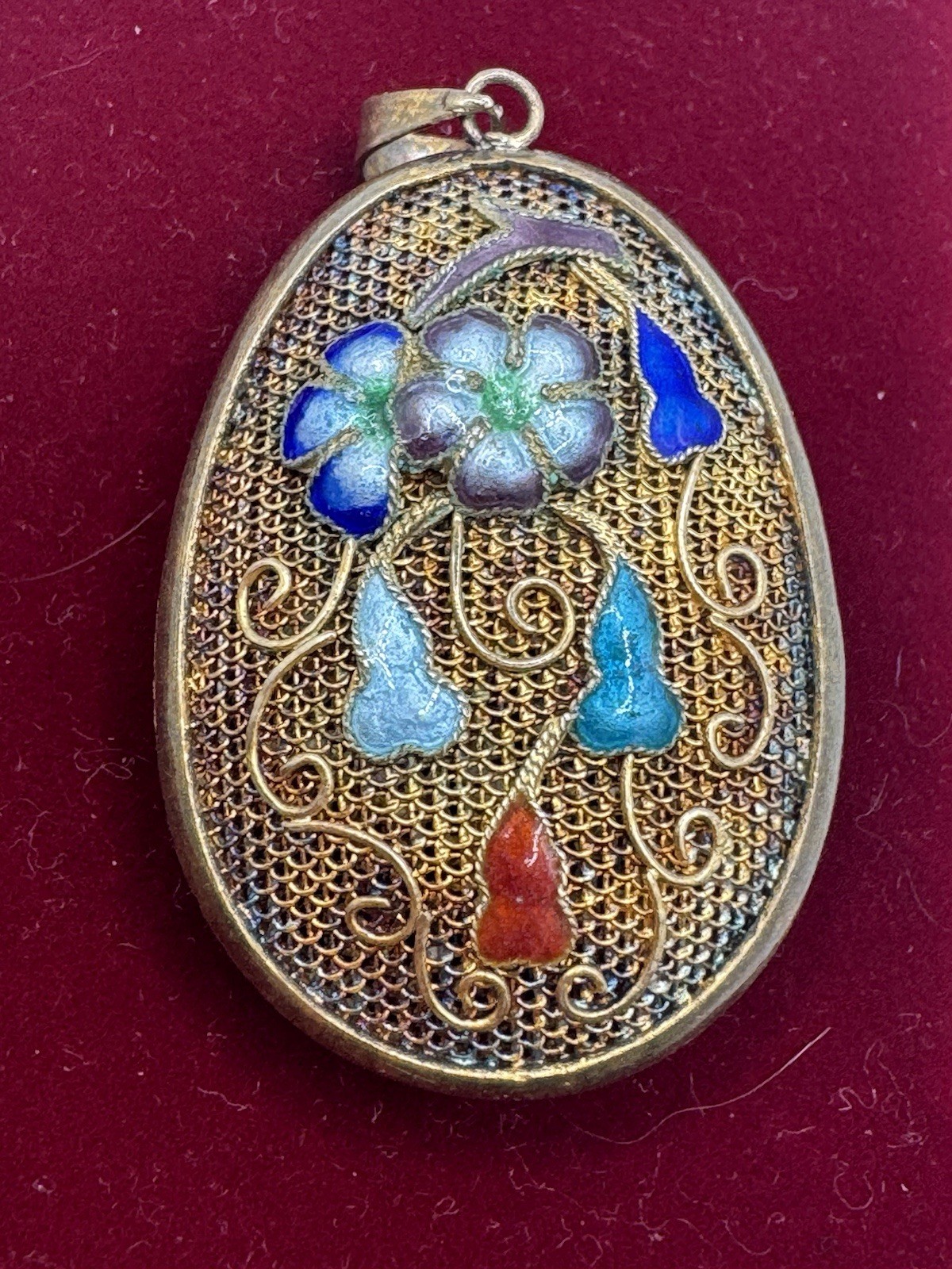 Chinese Export Vintage Silver Multi Color Enamel Flower Pendant Large Sterling