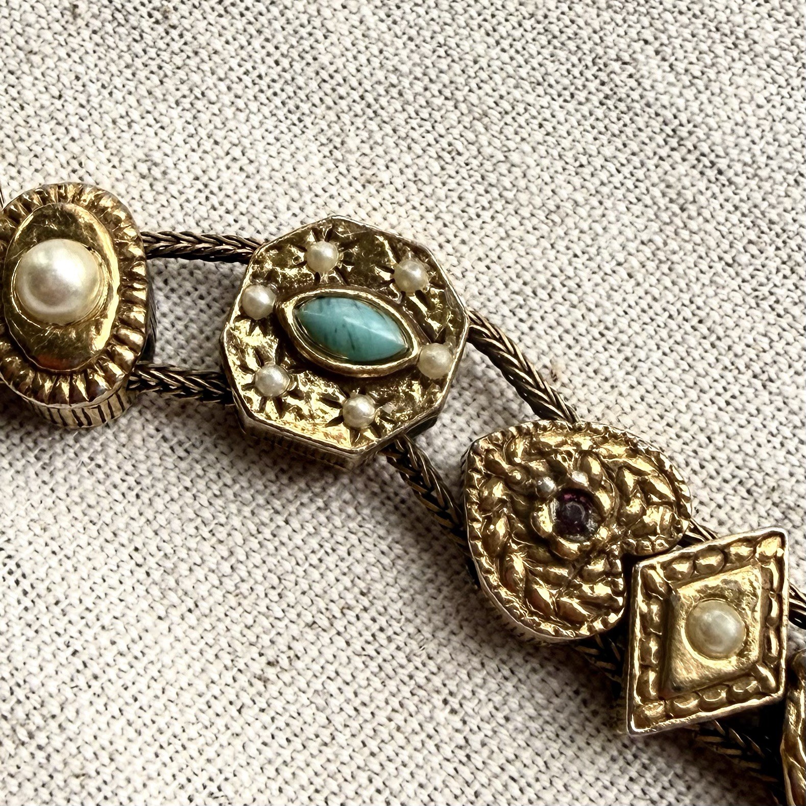 Vintage Goldette NY Victorian Revival Slide Charm Bracelet Safety Chain Signed