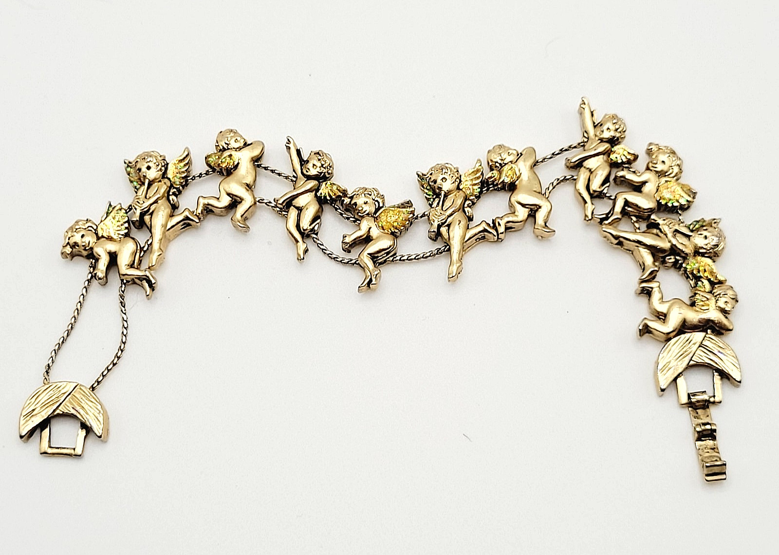 Cherub Angels Iridescent Glitter Wings Gold Tone Vtg Slide Bracelet 7.5 Inch