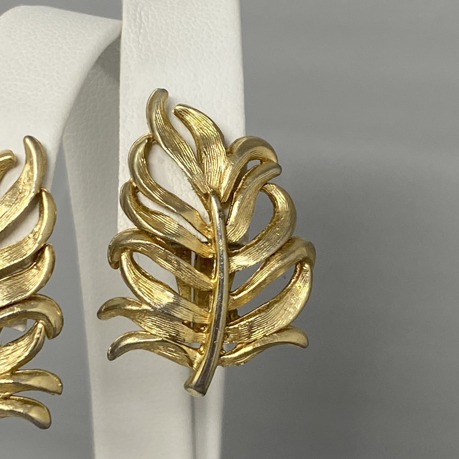 Brushed Gold Tone Leaf Earrings Textured Clip On Plant Nature Stud Dangle 1″