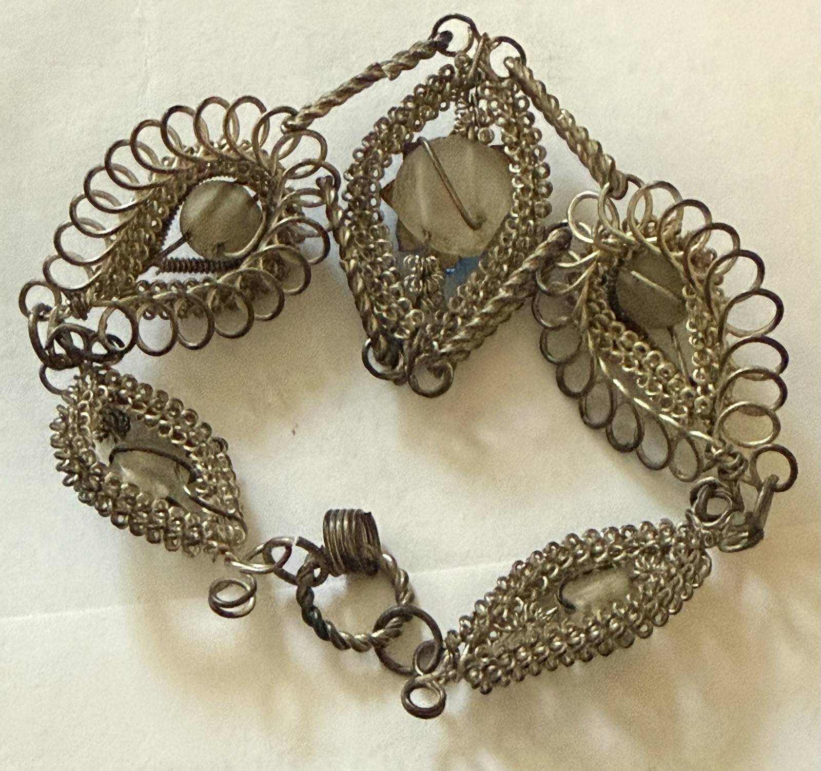 Vintage/Antique Victorian Style Silver Metal Bracelet Aqua Rhinestones No Clasp