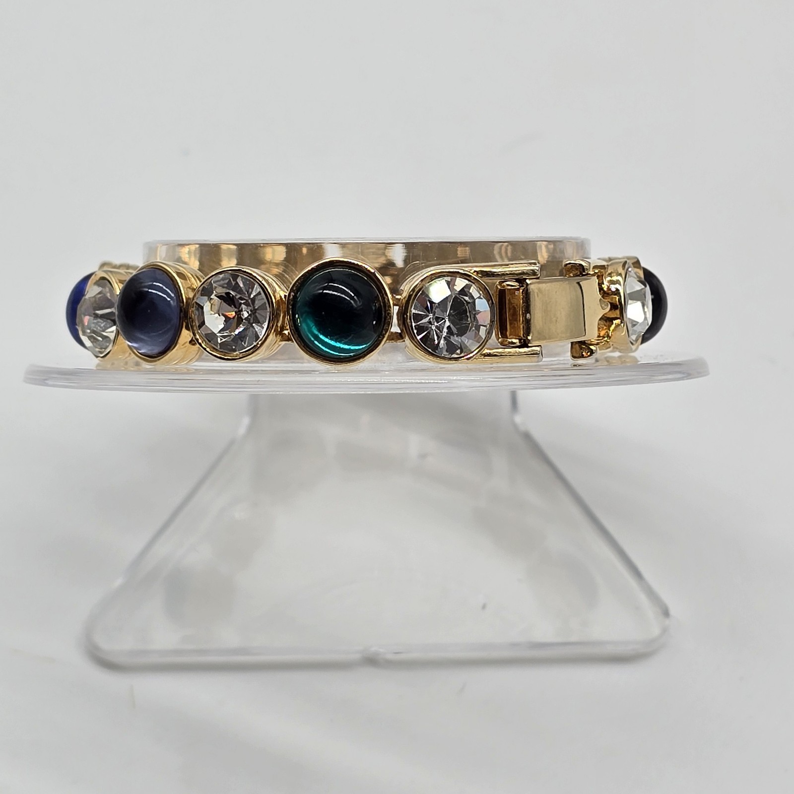 Vintage Les Bernard Bracelet Clear Rhinestones And Blue Green Purple Cabochons