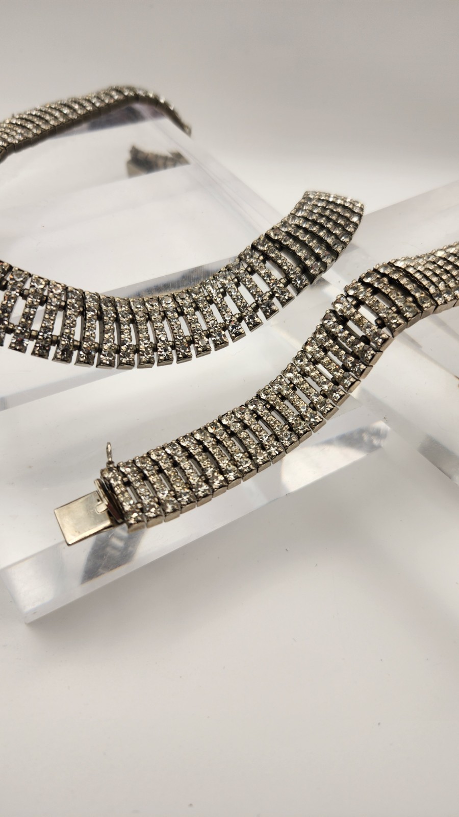 Vintage Rhinestone Choker Necklace Bracelet Set Clear Crystal Collar Bridal 16″