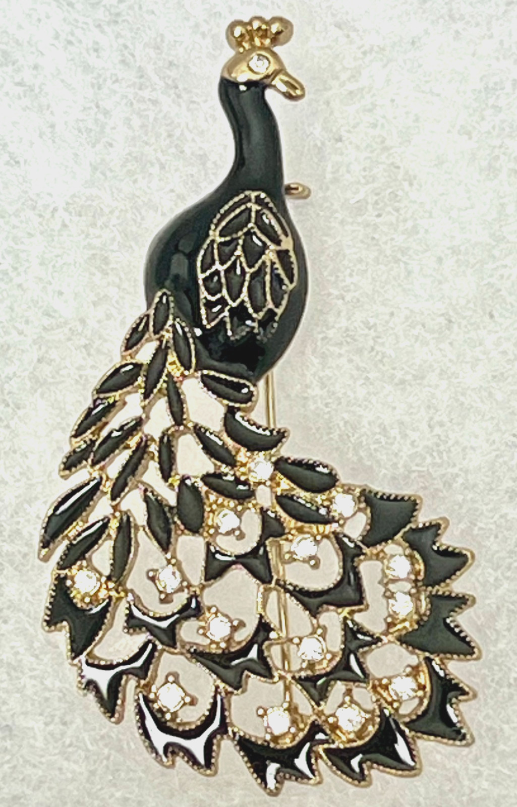 Vintage Enamel Rhinestone Peacock Era Brooch Gold Tone Black Gold Tone Bird Pin