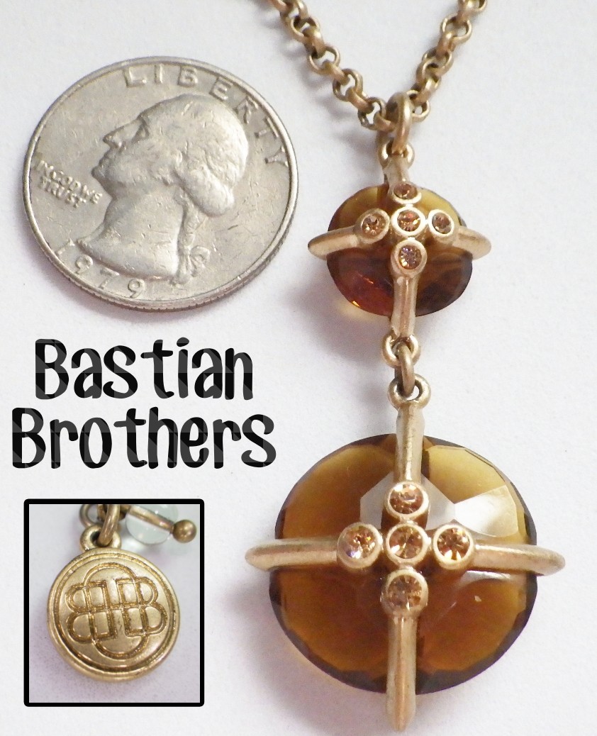 Vtg Signed BASTIAN BROTHERS Golden Brown Topaz Crystal Pendant Drop Necklace 19″