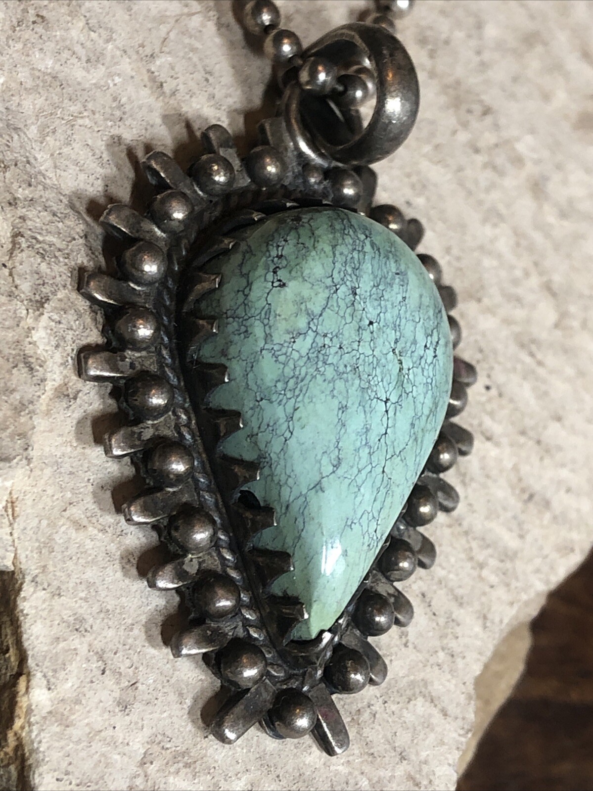 18. Sterling 925 Greenish Turquoise stone Ball link Chain Pendant Necklace 16″
