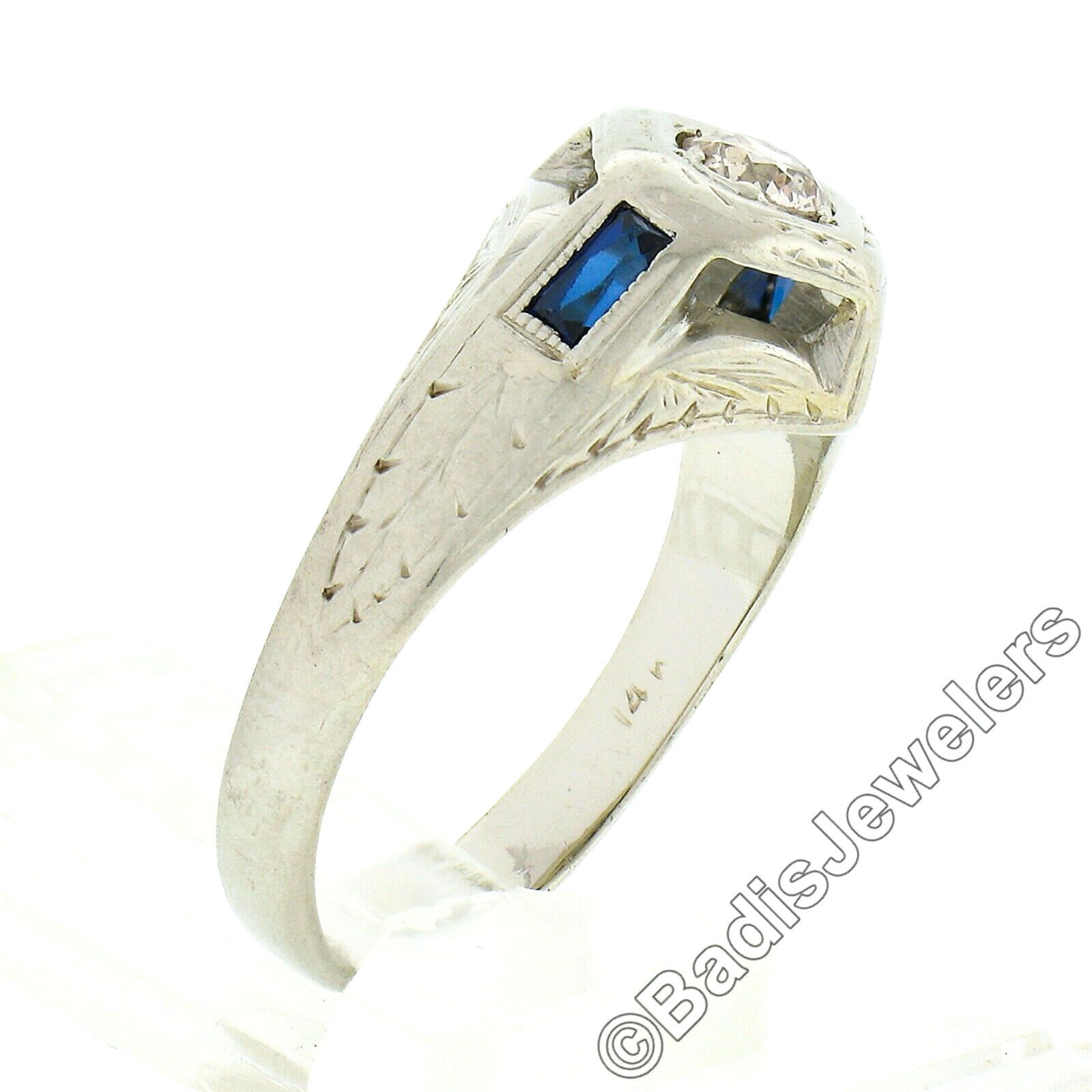Antique Art Deco 14k White Gold European Diamond & Sapphire Hand Engraved Ring