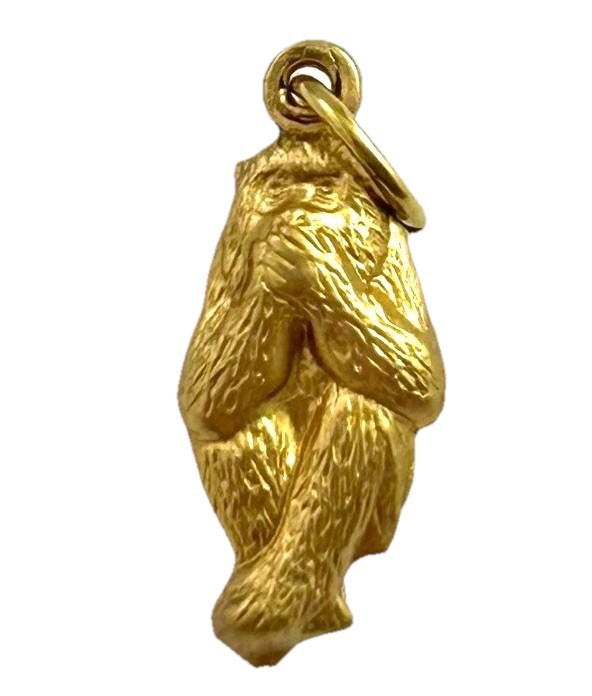Vintage Charm Speak No Evil Monkey Necklace Pendant Puffy Brass Metal Jewelry