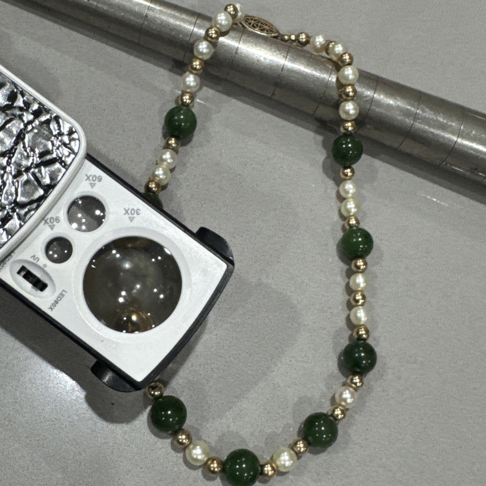 Vintage Green Jade Pearls GF Beads Sterling Filigree Gold Wash Clasp Necklace