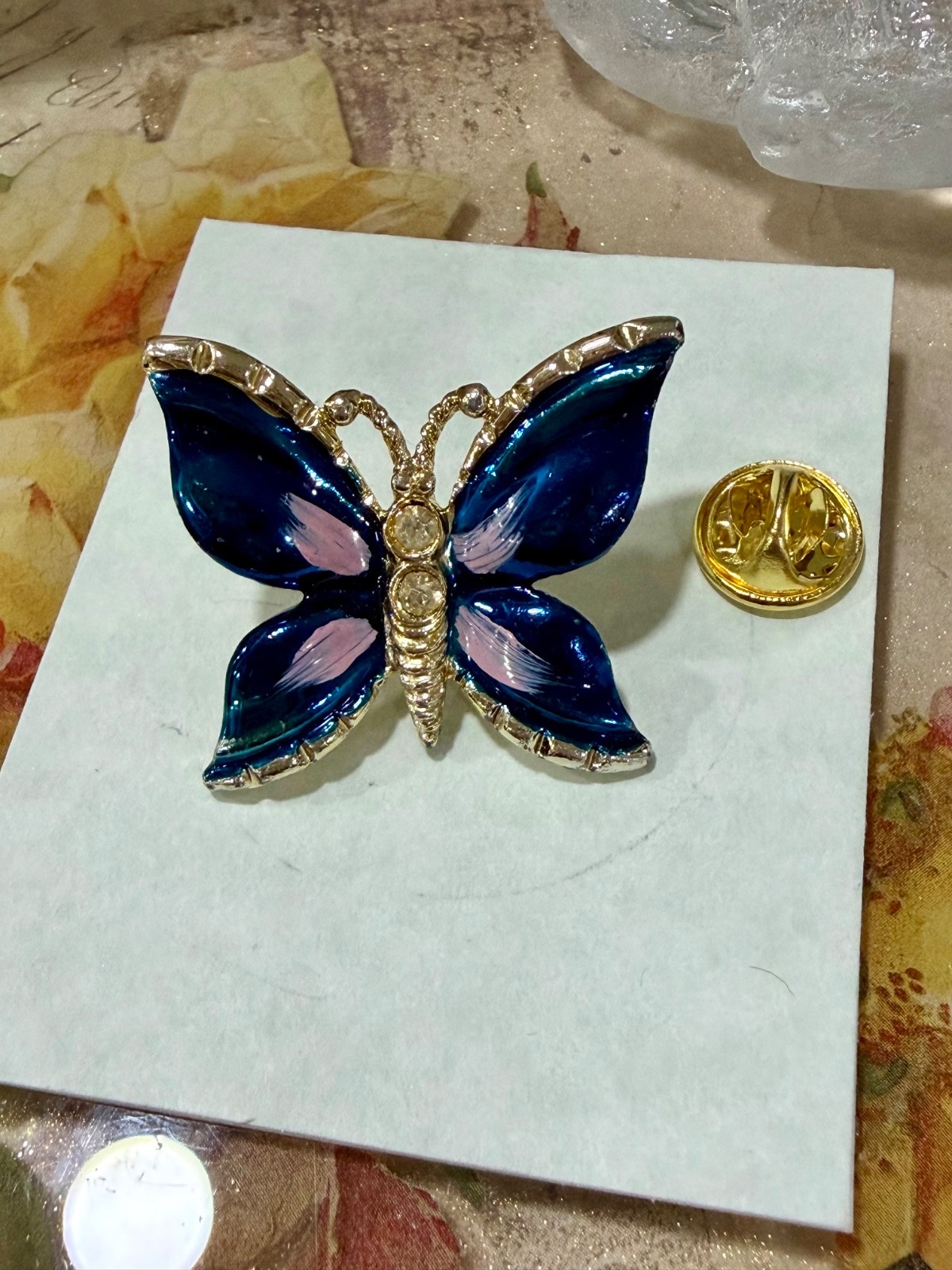 Enameled Butterfly Pin, Blue & Pink With Rhnestone Accents, Gift for Her, Mom