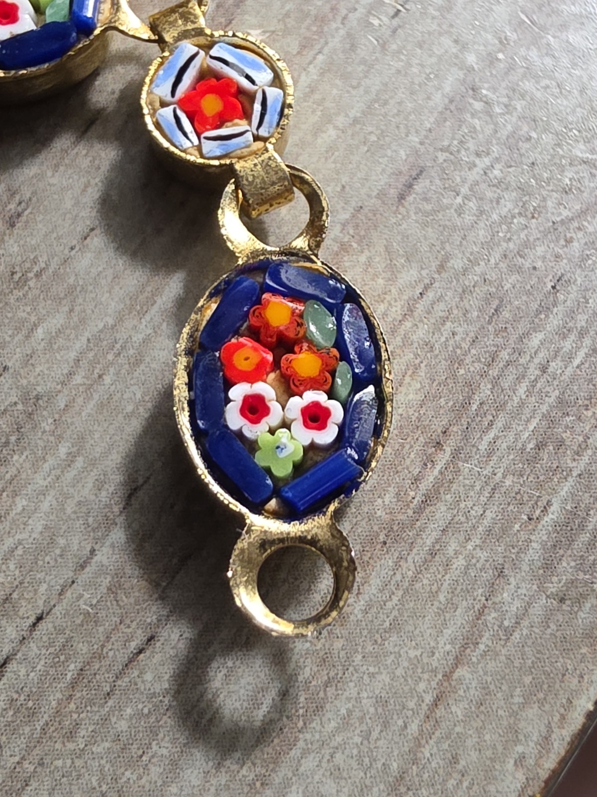 Vintage Micro Mosaic Multi Color Floral Design Linked Bracelet