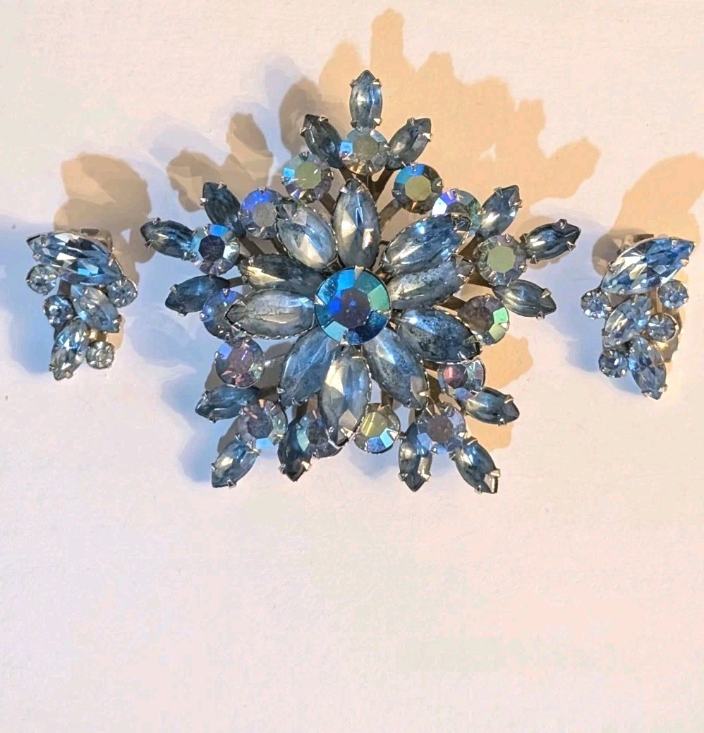Vintage Ice-Blue Rhinestone Snowflake Brooch & Clip Earrings Set, AB, 1960s