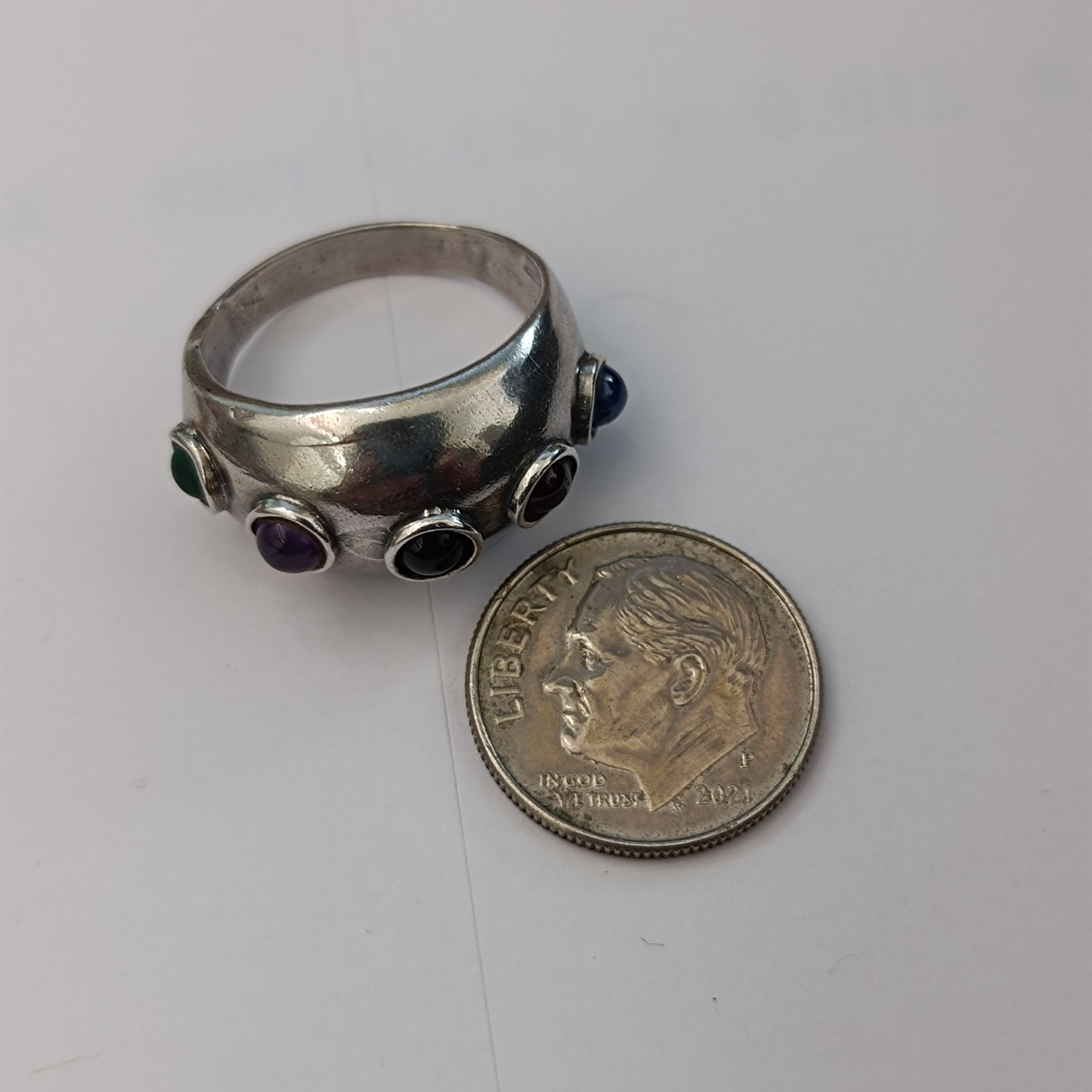 Modernist Gemstone Dome Ring Sterling Silver Cabochon Band Boho Israeli Artisan