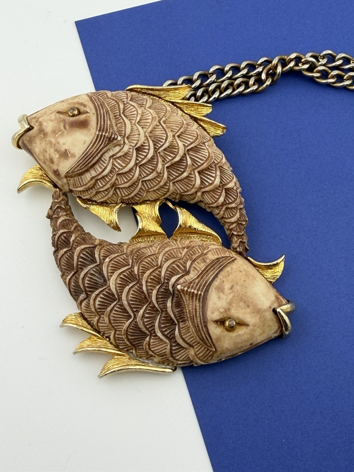 Vintage Razza Double Fish Necklace Carved Resin Faux Bone Gold Tone Large Pisces