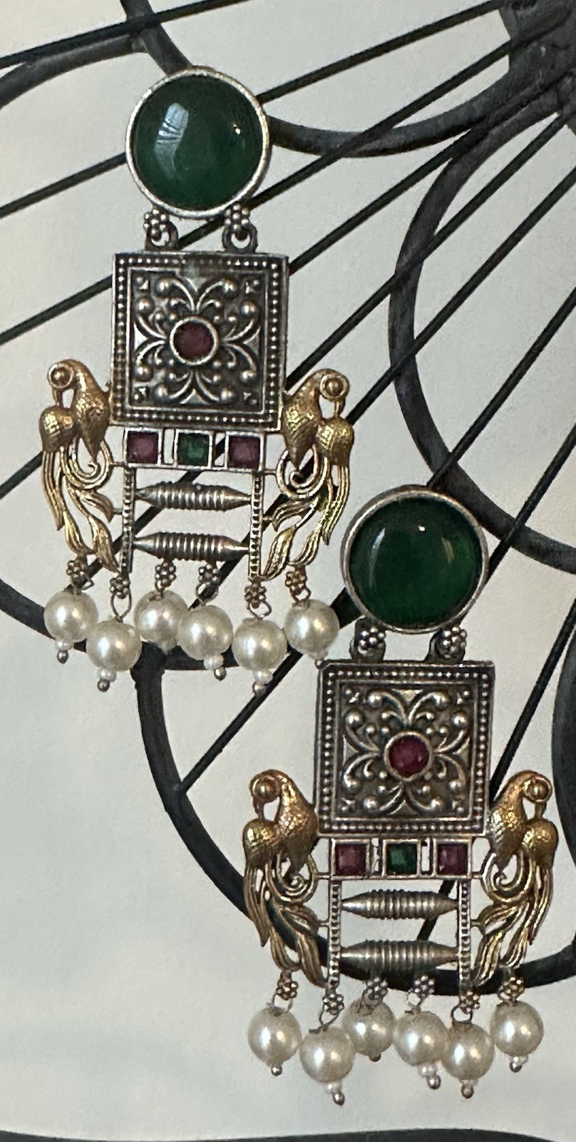 Vintage Peacock Statement Earrings Green Cabochon • Pearl• Tribal Indian Design