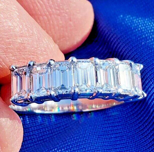 Original EARTH MINED DIAMOND Emerald cut Deco Wedding Band SOLID PLATINUM Ring 6