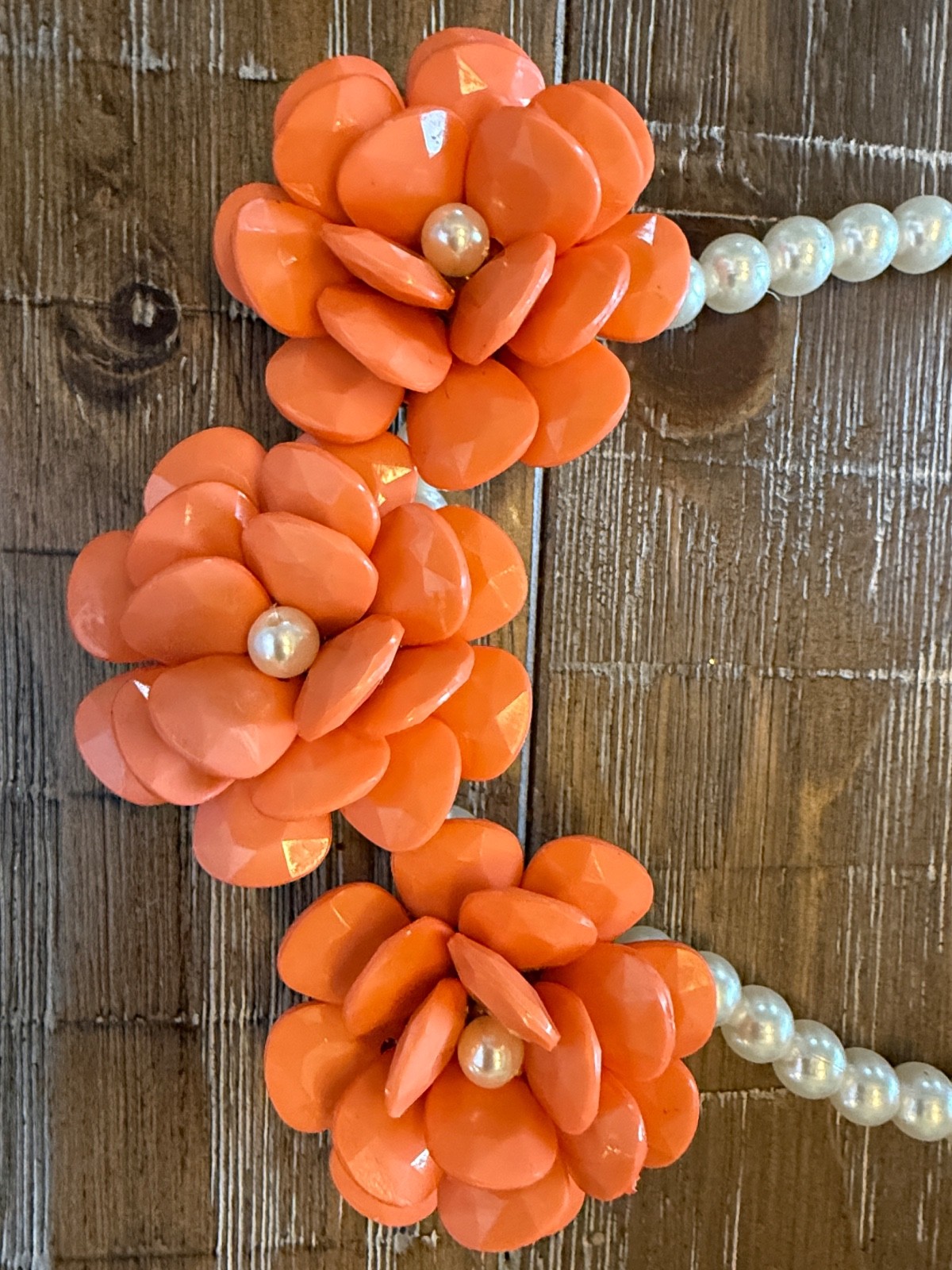 Bold Orange Bakelite Floral Statement Necklace with Pearl Accents Vintage
