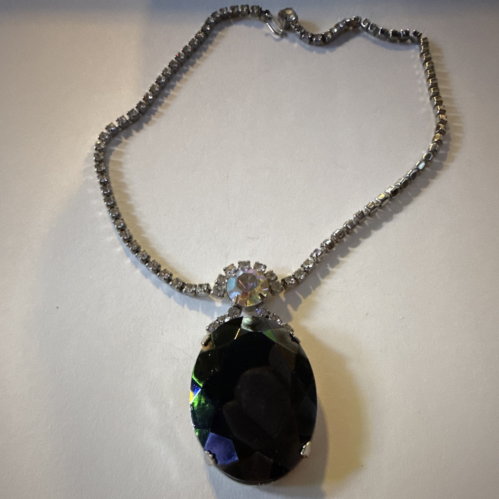 Vintage Mystic Crystal Large Oval Statement Pendant Necklace Missing Clasp