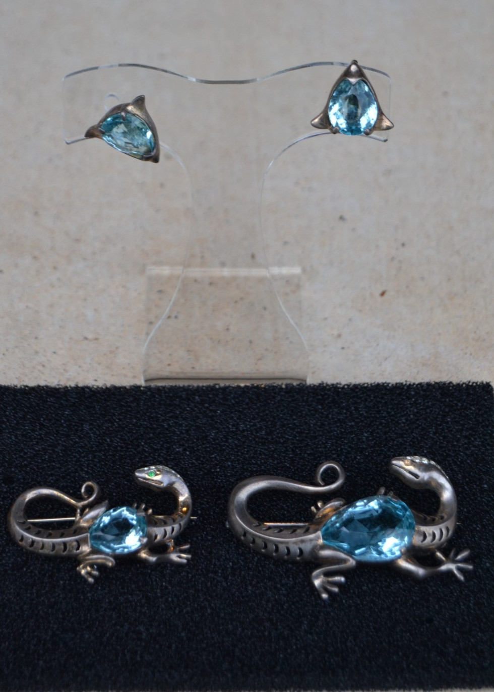 REJA Sterling SALAMANDER LIZARD Brooch Earrings AQUA GLASS BELLY Vtg Set Signed