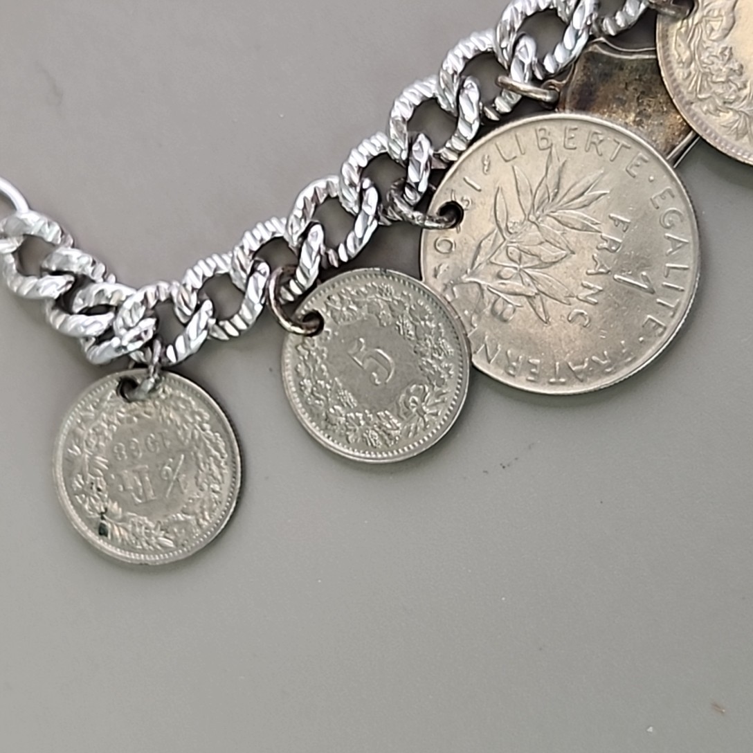 Vintage Coin Charm Bracelet Sterling Silver Plated Souvenir England France Franc