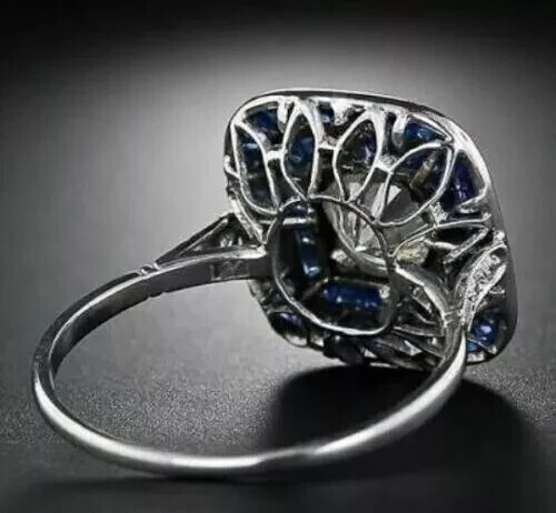 2.56Ct Art Deco Lab Created Diamond & Sapphire Engagement 14K White Gold FN Ring