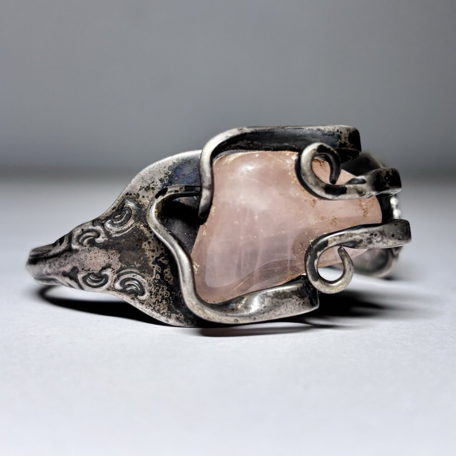 Uma Silbey Signed Sterling Silver Rose Quartz Cuff Bracelet 1984 Joan of Arc