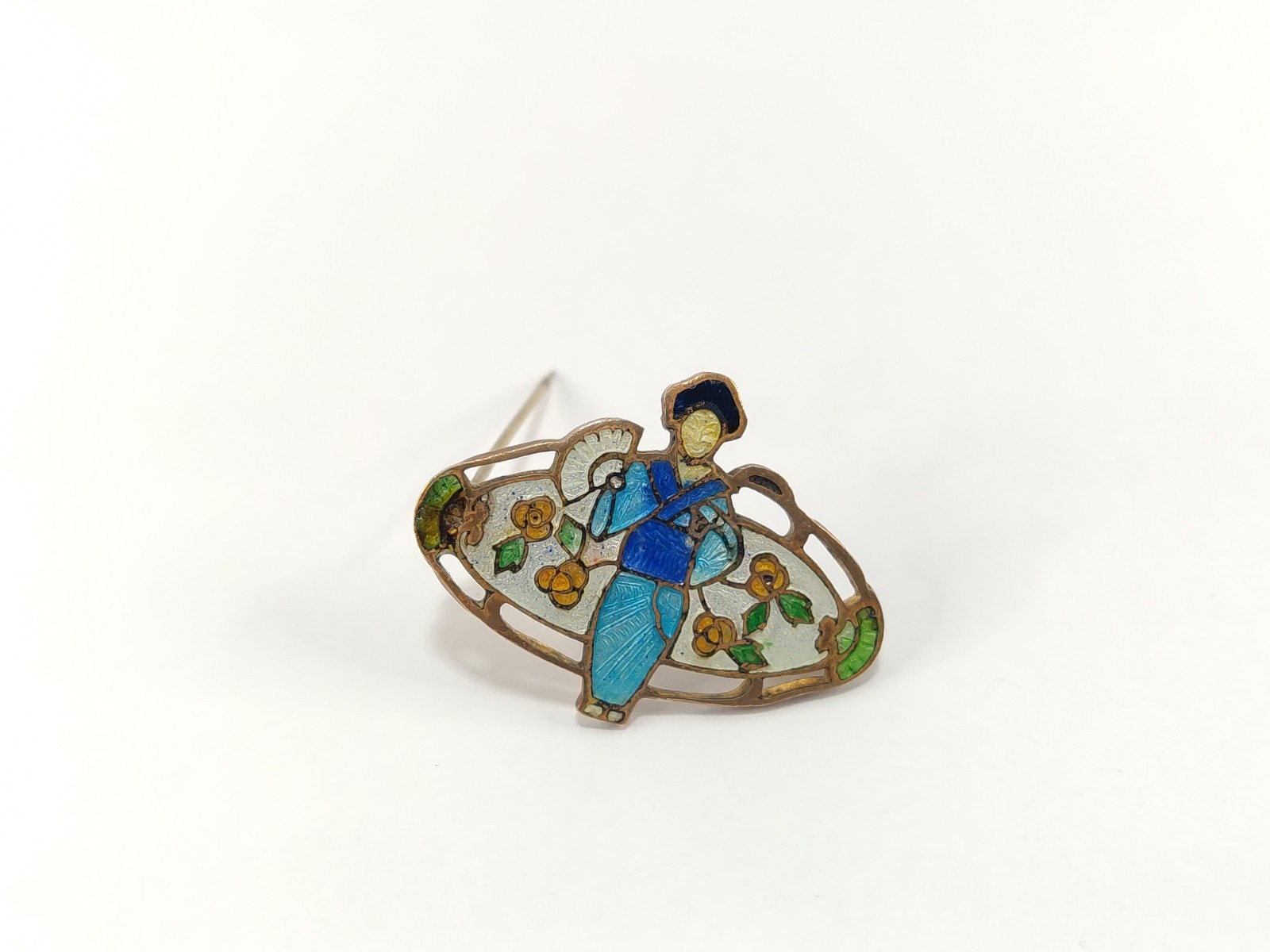 Lovely Vintage ASIAN INSPIRED Lady Floral Image Colorful Vivid Enamel Brooch Pin