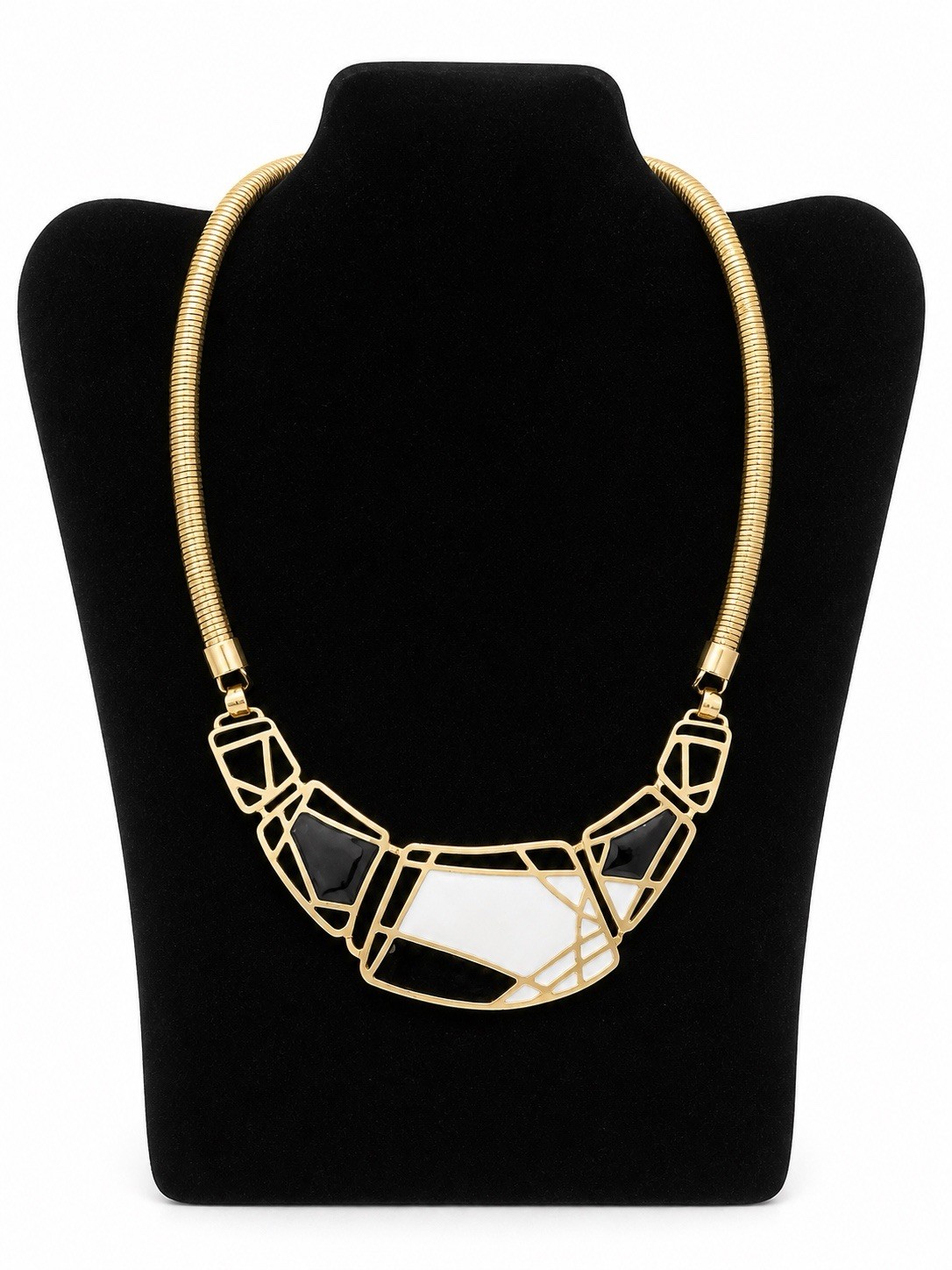 Vintage Gold Tone Geometric Statement Necklace Black White Enamel Snake Chain