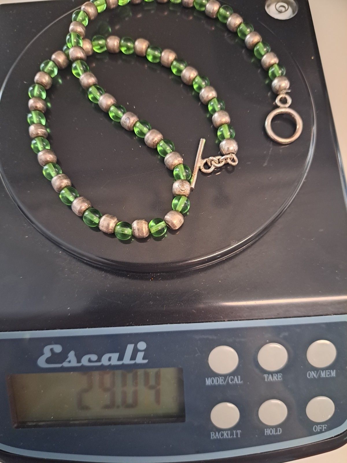 Vintage Mexico 925 Sterling Necklace Green Stone Pendant Glass Beads 16″ Toggle