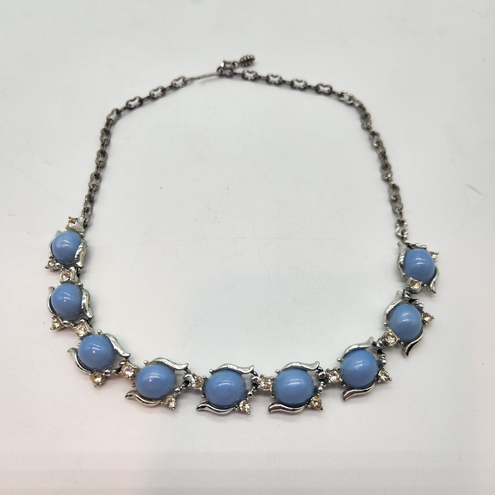 Vtg Blue Cabochon Rhinestone Necklace Silver Tone Mid Century Statement Choker