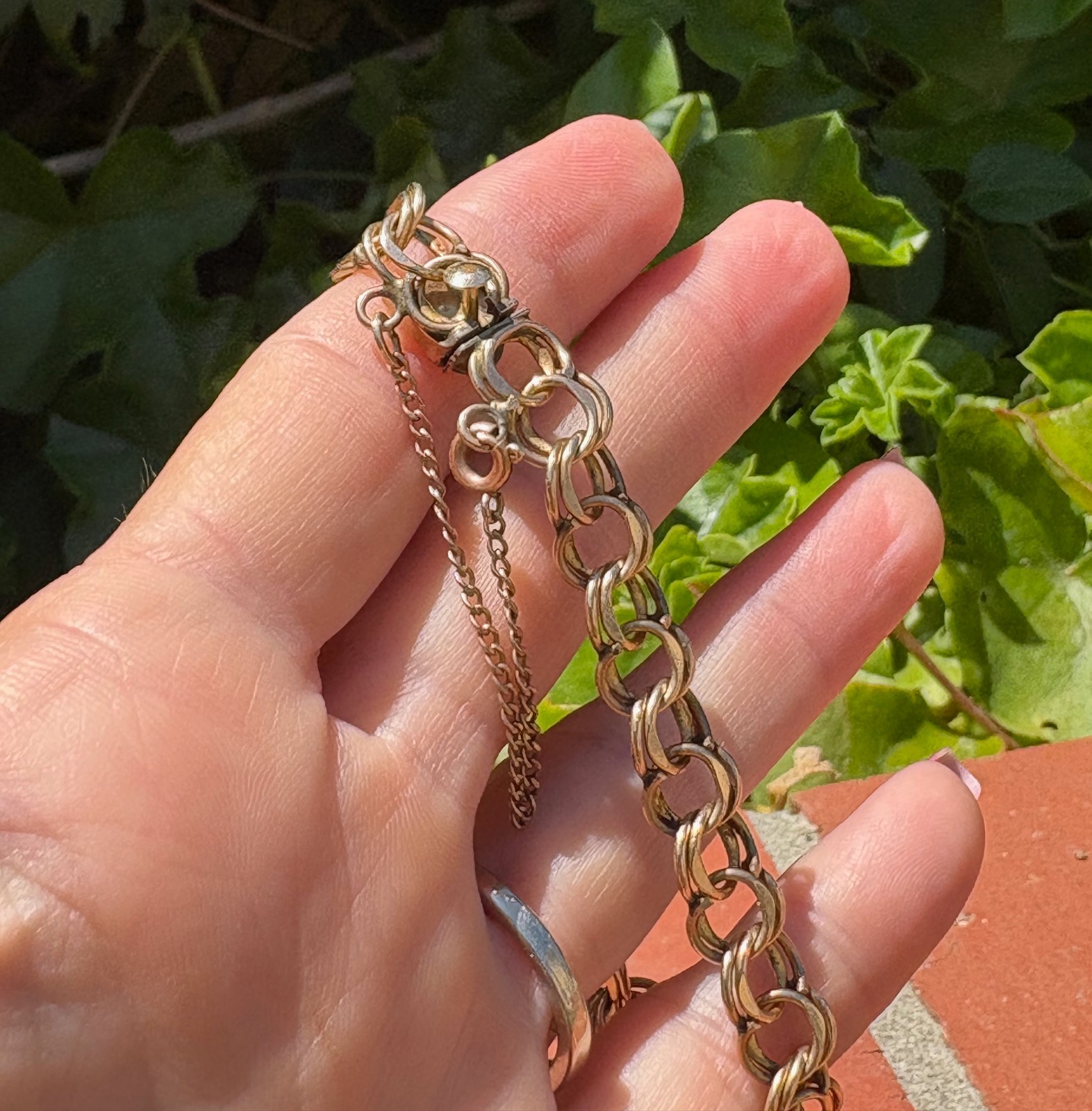 Vintage Double Link 12K 1/20 Gold Filled Green Carved Stone Charm Bracelet