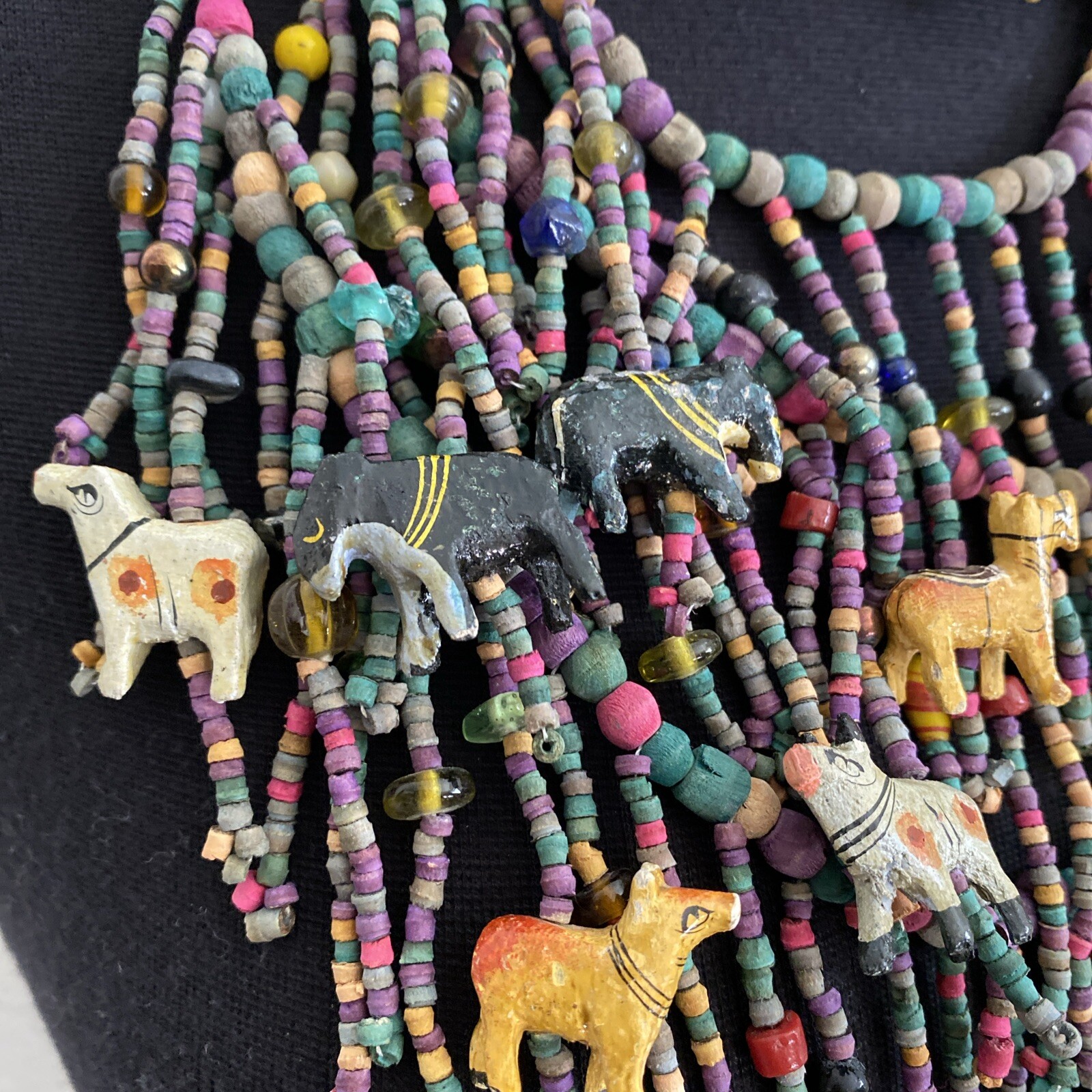 Vintage African Multi-Strand Wooden Carved Animal & Beads Necklace Earrings Set