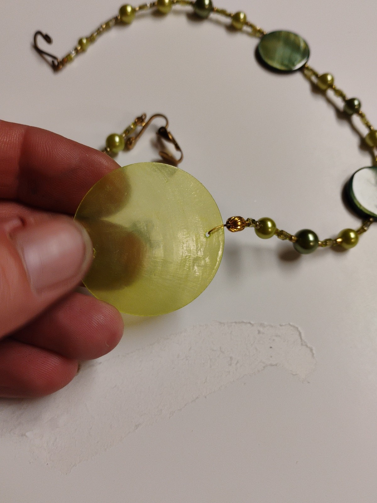 Green Shell and Green Mother Off Pearl Pendant Green Pearl 20″None Pierced Earri