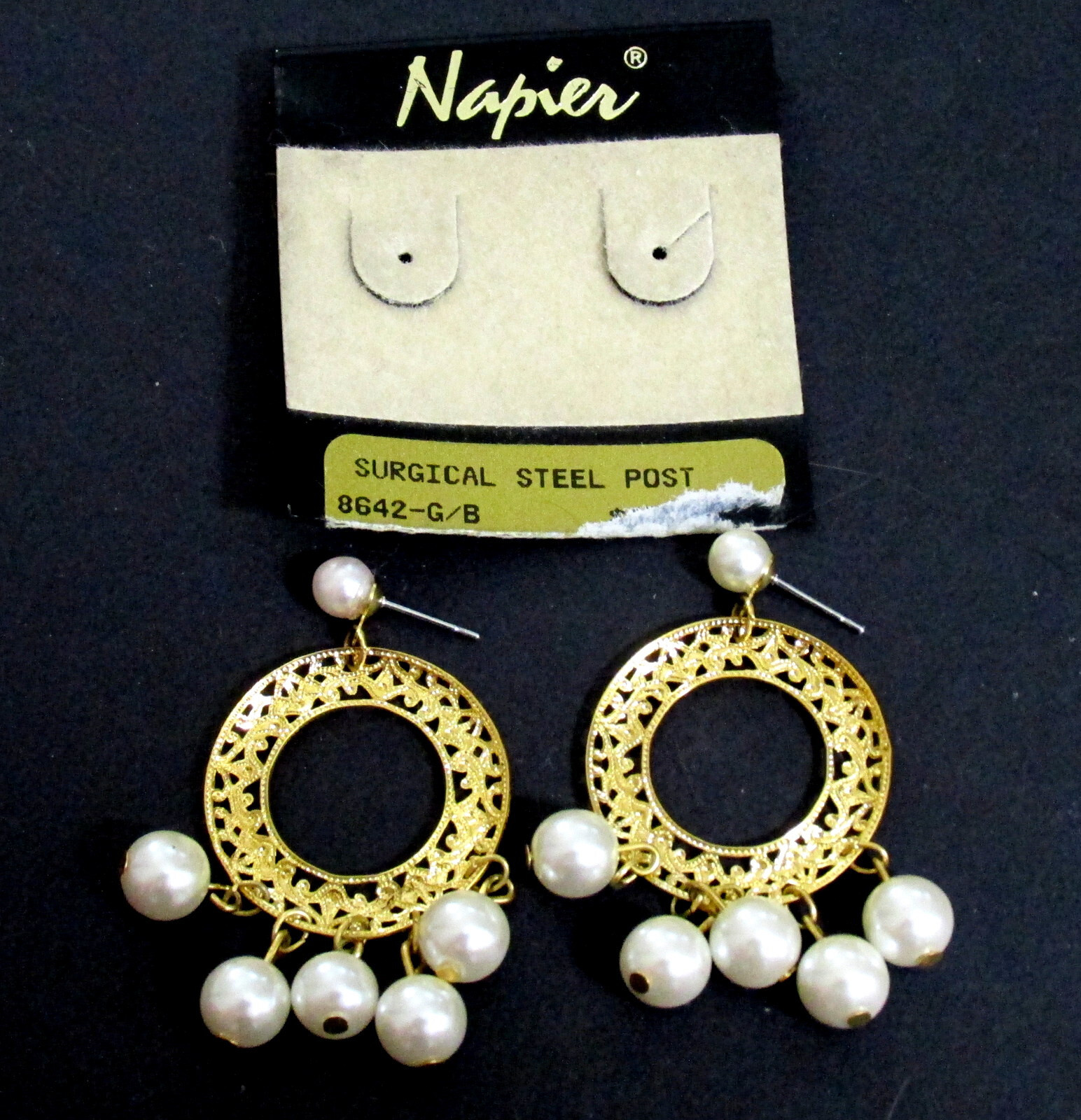 VTG RUNWAY NAPIER DANGLING FILIGREE GP 2″ HOOP FAUX PEARL EARRINGS POSTS EXC