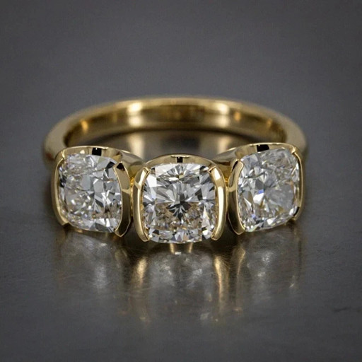 1.50 Ct Cushion Cut Lab-Created Three Stone Engagement Ring 14K Yellow Gold FN