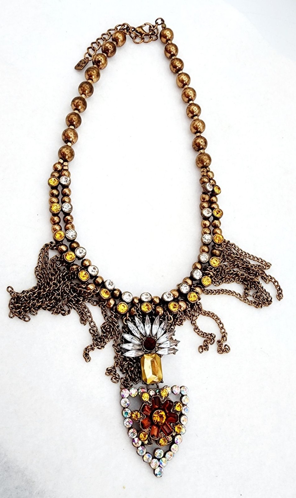 Signed Beaded chain rhinestone bib statement necklace 18″