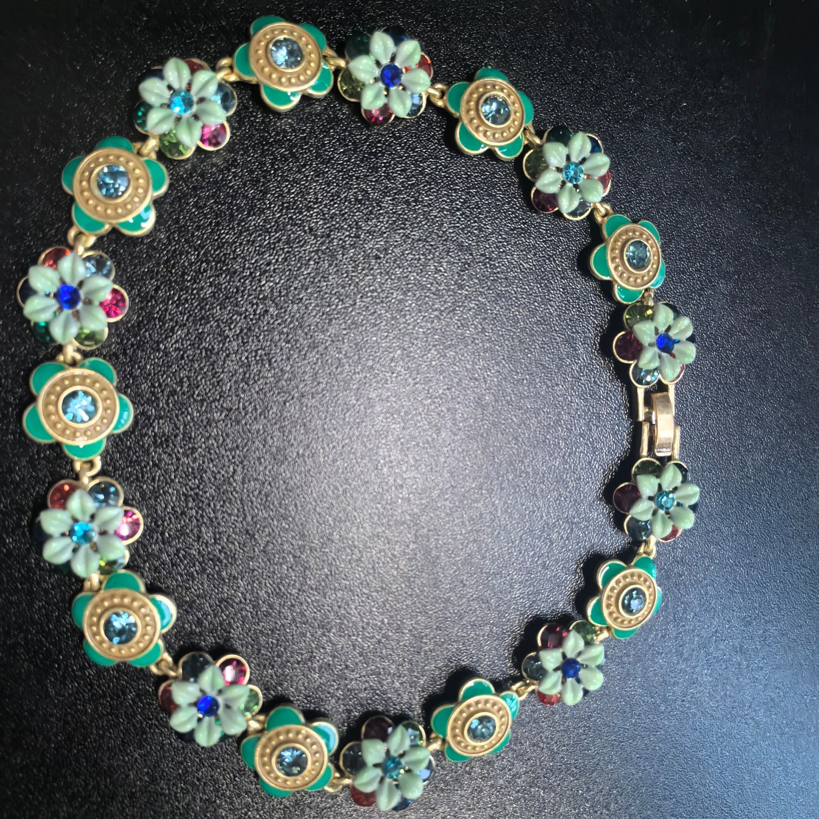 Vintage European Floral Link Necklace Rhinestone Gold Victorian Jewelry Gift