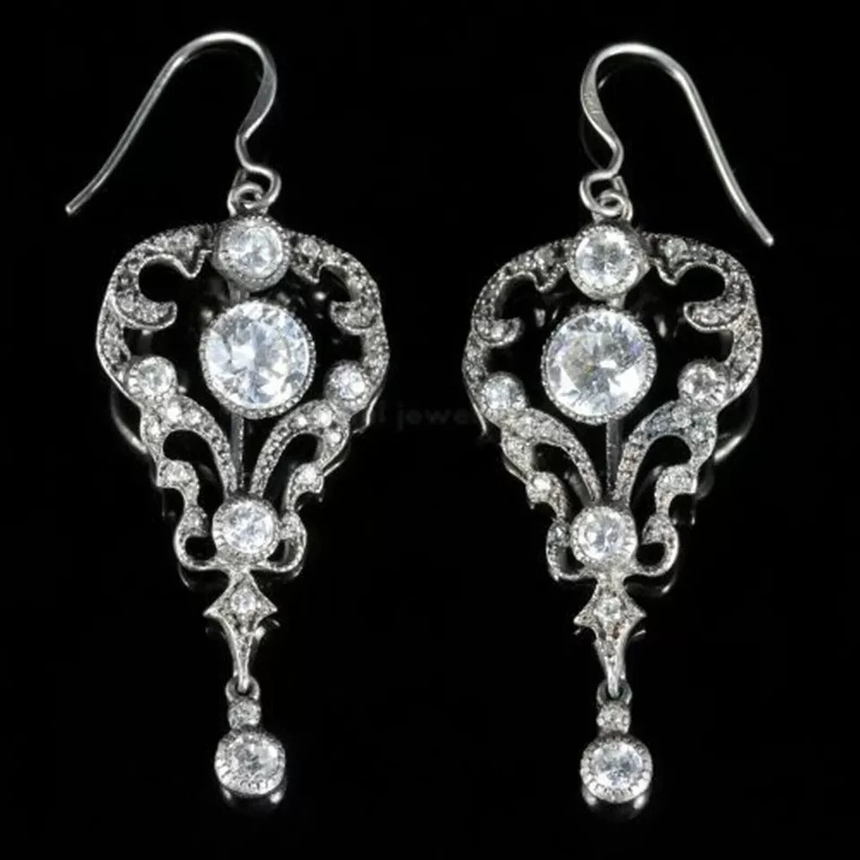 Art Deco Round Cut Lab Created Diamond Pretty Drop/Dangle In 925 Silver Earring