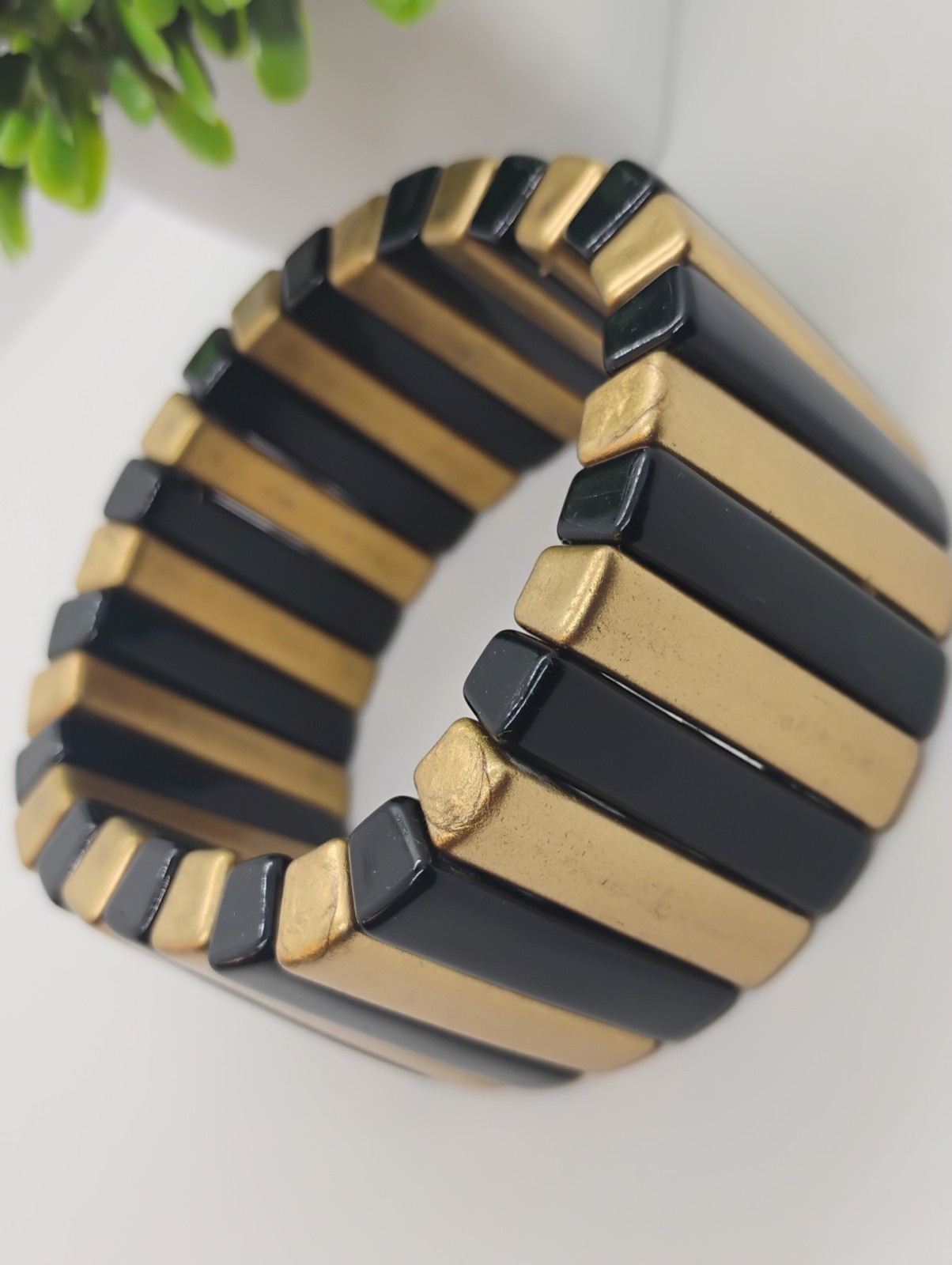 Vintage Bohemian Gold and Black Chunky Bar Stretch Sizable Statement Bracelet