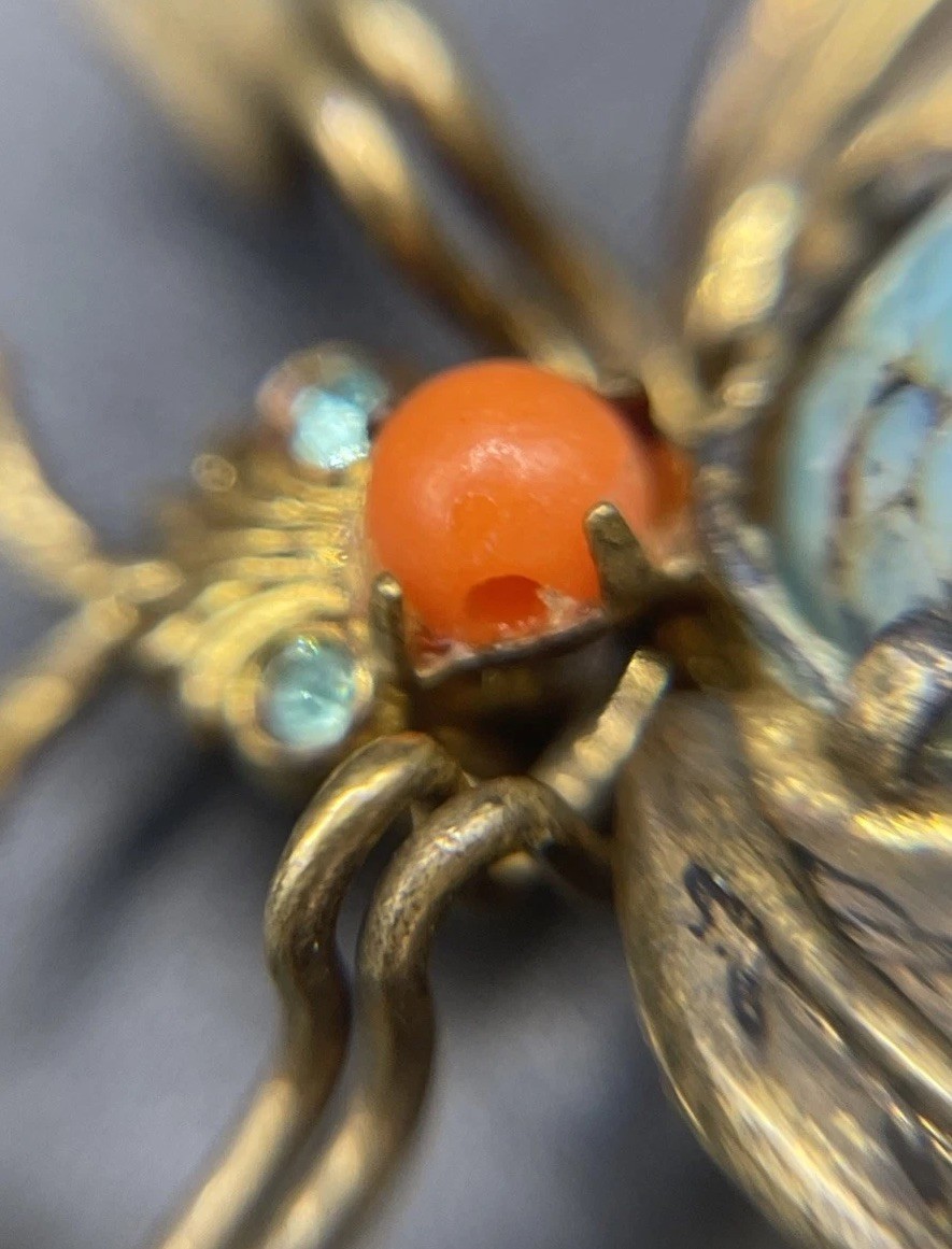 VTG Czech Insect Bee Fly Brooch Brass W Glass Belly. Signed Czecho. As Is.
