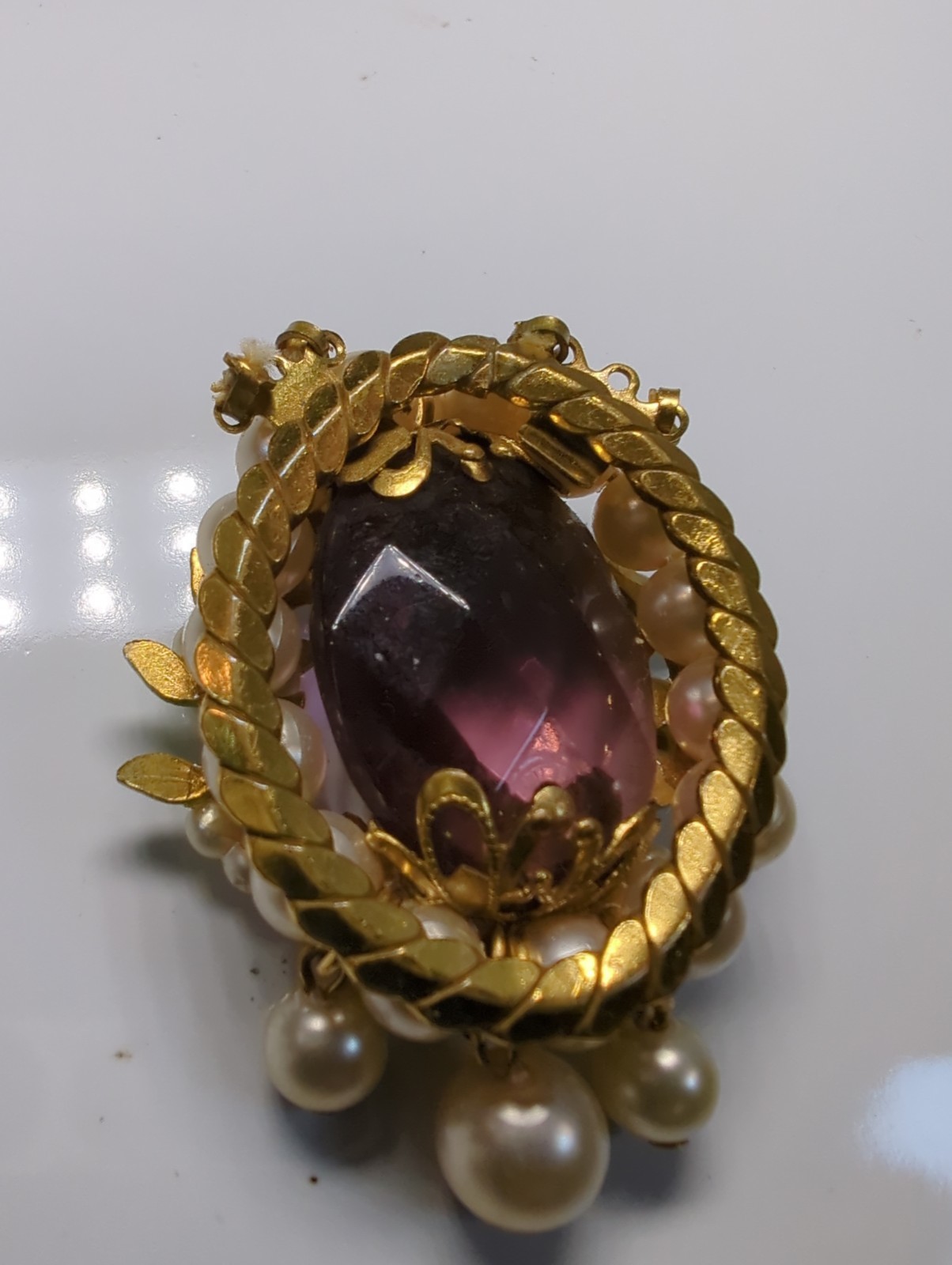 Vintage Wreath Pendant Necklace Delicate Pearl Flowers Amethyst Green Enamel