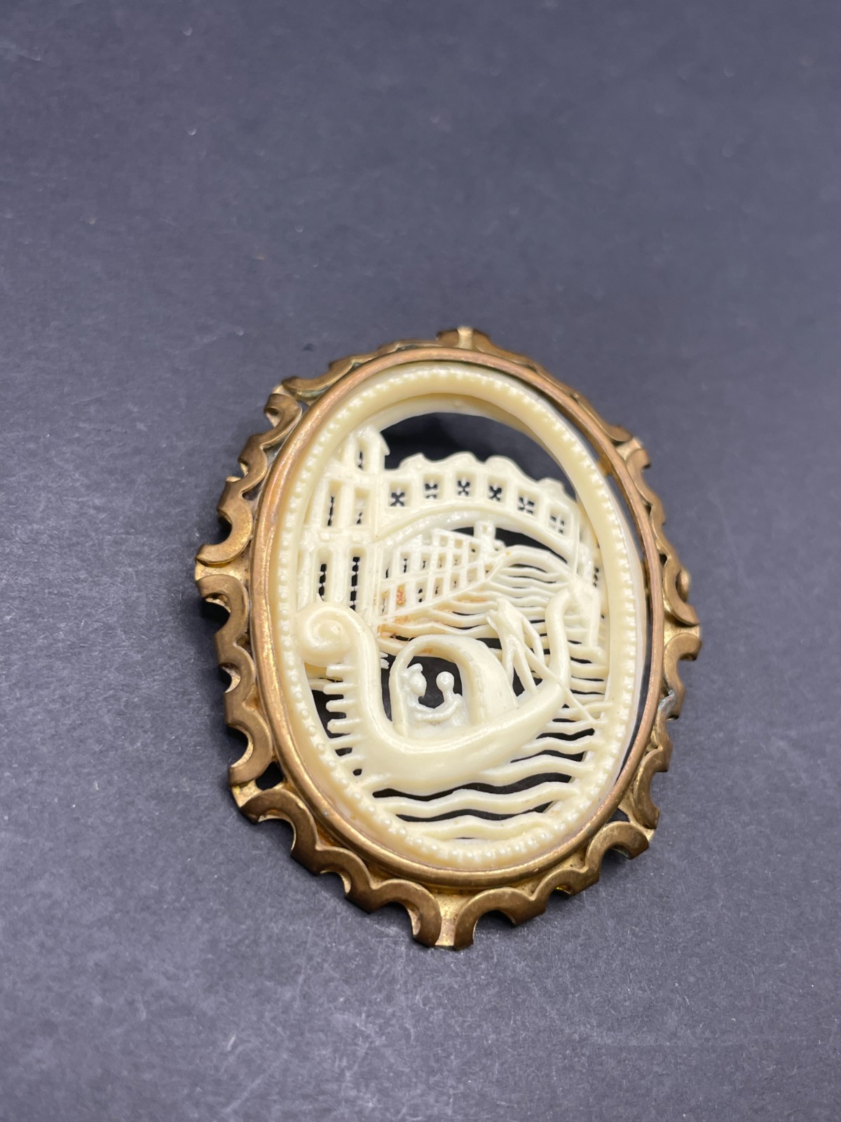 Vintage Art Deco Carved Celluloid Venice Scene Brooch Cameo