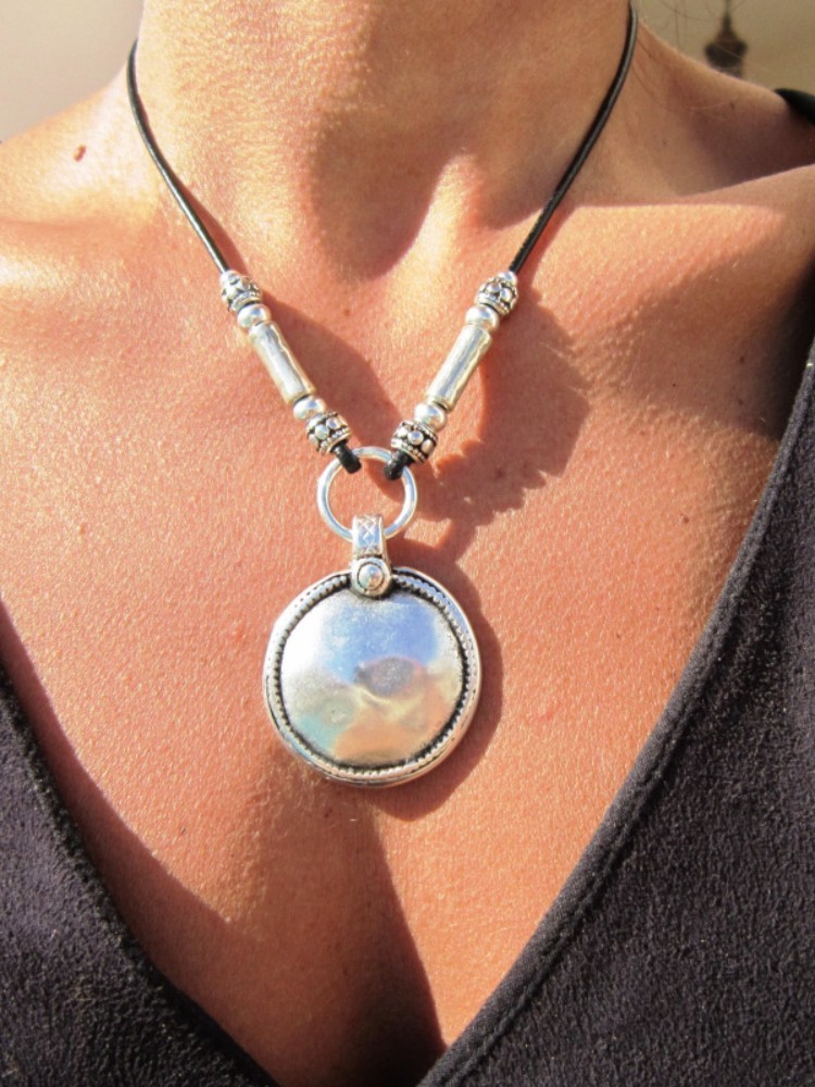 Boho Silver Tone Tribal Pendant Necklace Leather Cord Tribal Boho Tribal Choker
