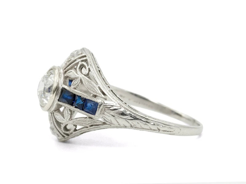 Bezel Set Old Mine Cut Moissanite With Blue Sapphire Floral 925 Silver Ring
