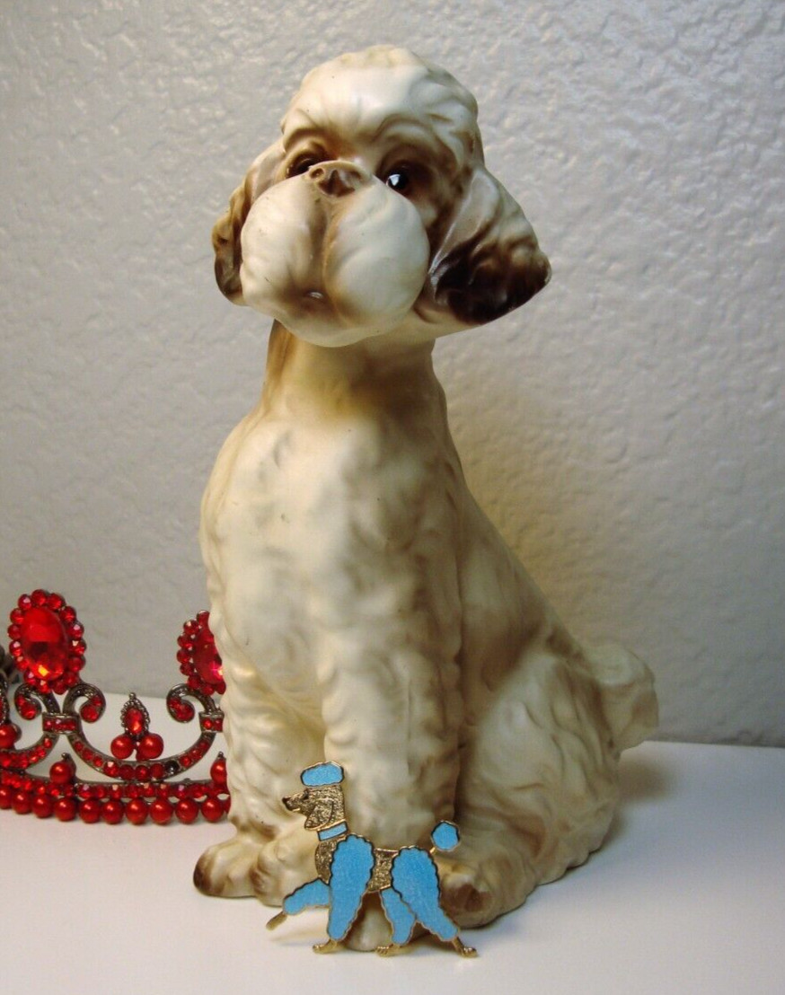 Blue Enamel Cloisonne/Guilloche Goldtone Poodle Brooch & Poodle Statue-Figurine