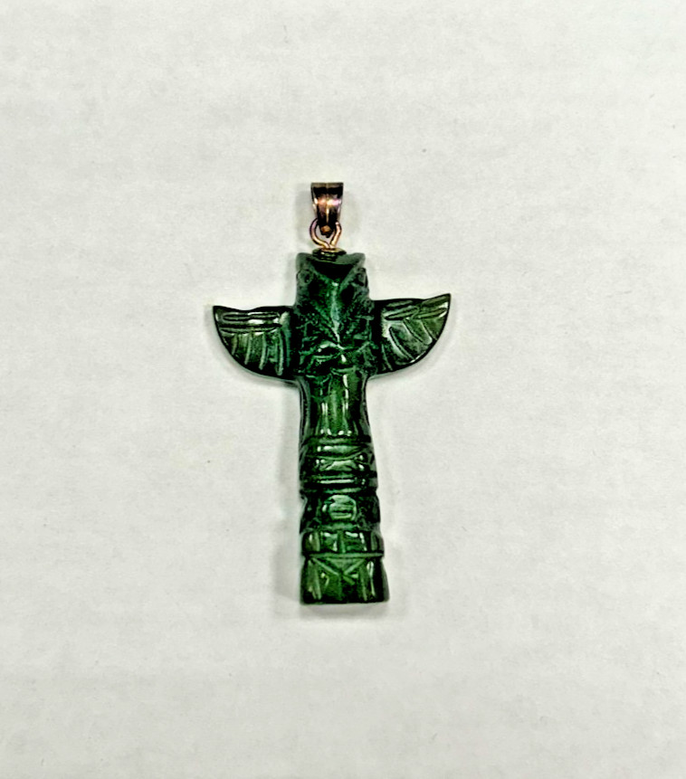 Vintage Hand Carved Jade Totem Pole Pendant Sterling Silver Bail