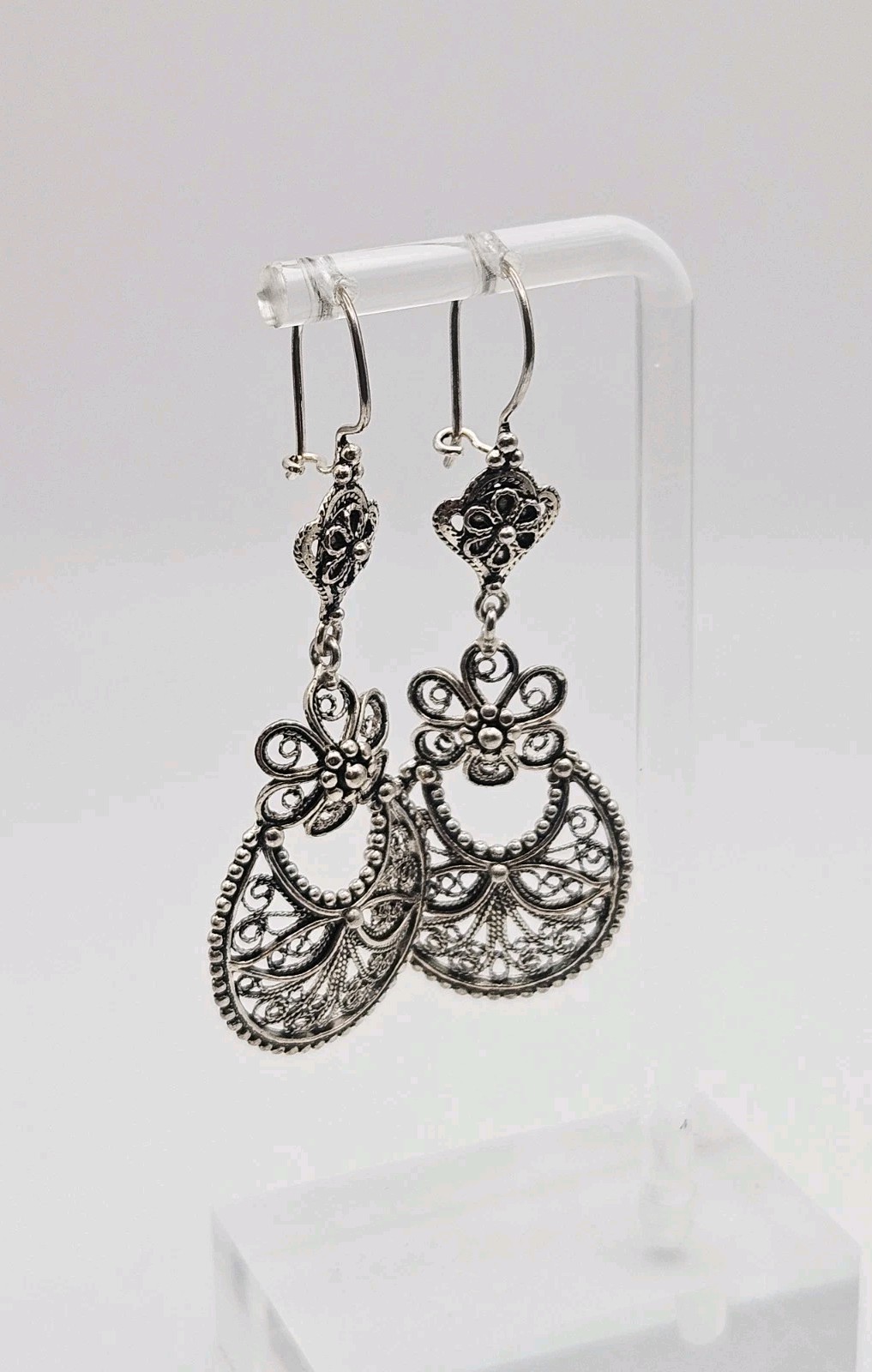 DGS Turkey Sterling Silver Filigree Floral Dangle Earrings 2.60″